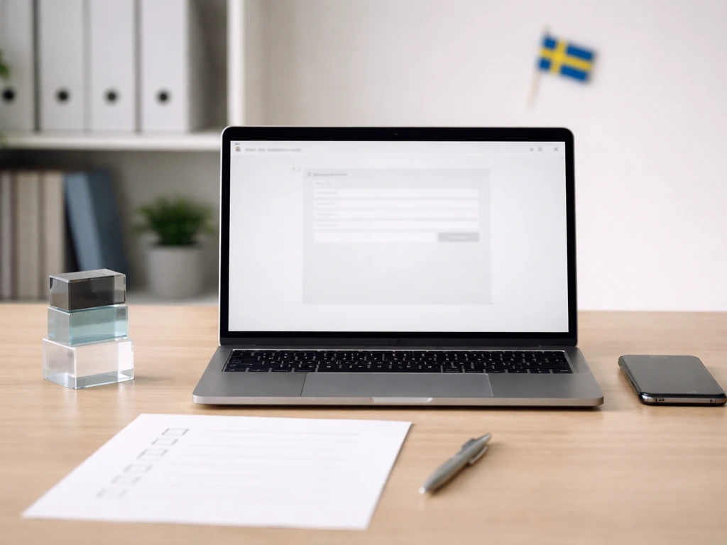 Minimal desk with laptop open to a blank registry-like screen and a physical three-level reliability scale.