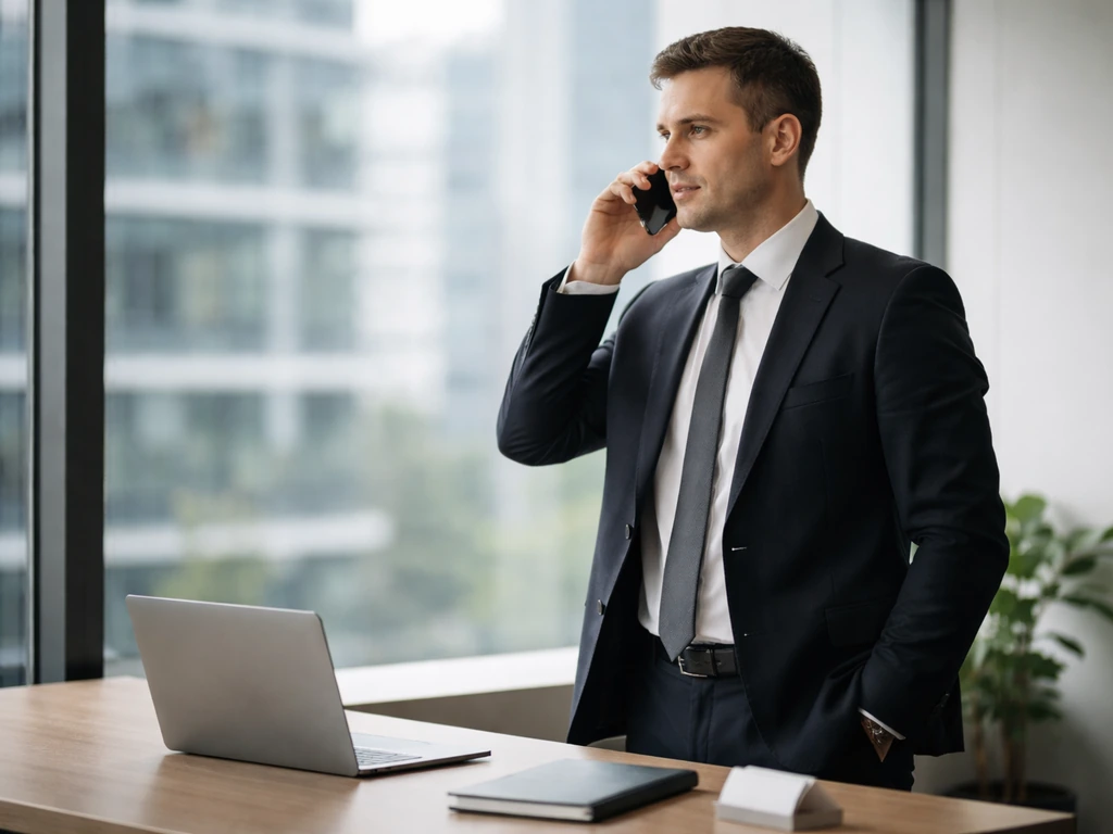 Anonymous CEO-like man in a modern office with a subtle phone call vibe and business setting.