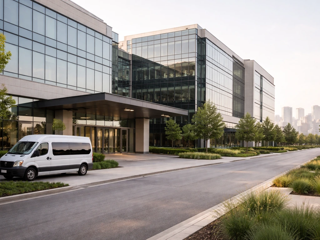 Modern glass office campus exterior symbolizing Infobip’s company scale.