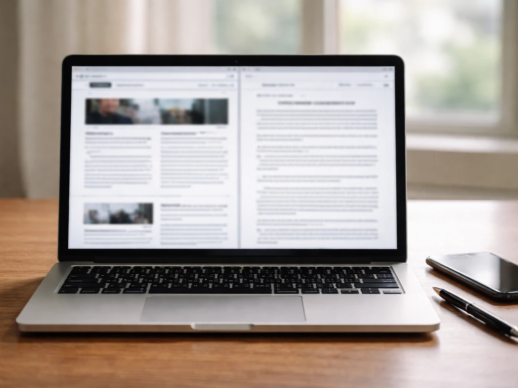 Close-up of a laptop in an office with blurred newsroom and document pages for verifying an estimate.