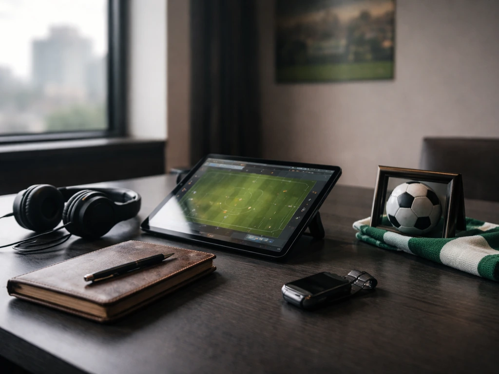 Minimal media office desk with headphones and tablet, city window in back—football-themed without people.