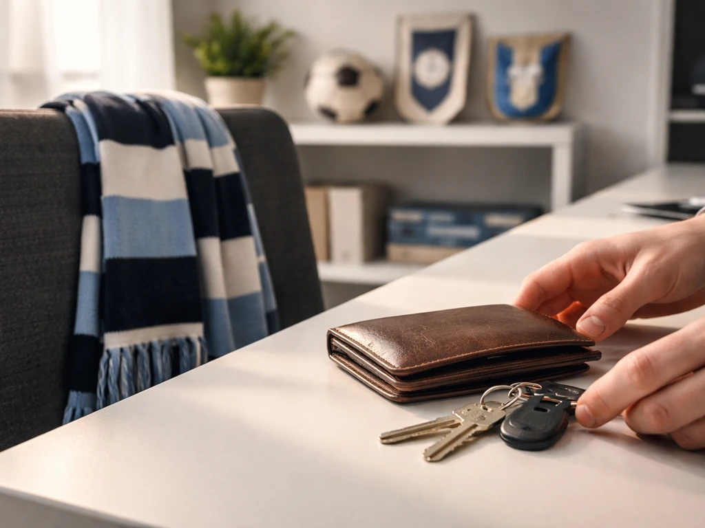 Minimal office scene with football-themed wallet and keys, suggesting career earnings and income sources.