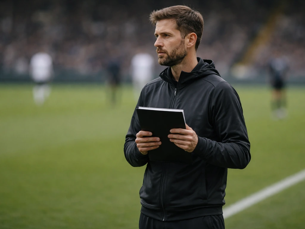 Anonymous football coach standing in the sideline tactical area during a match, holding a notepad.