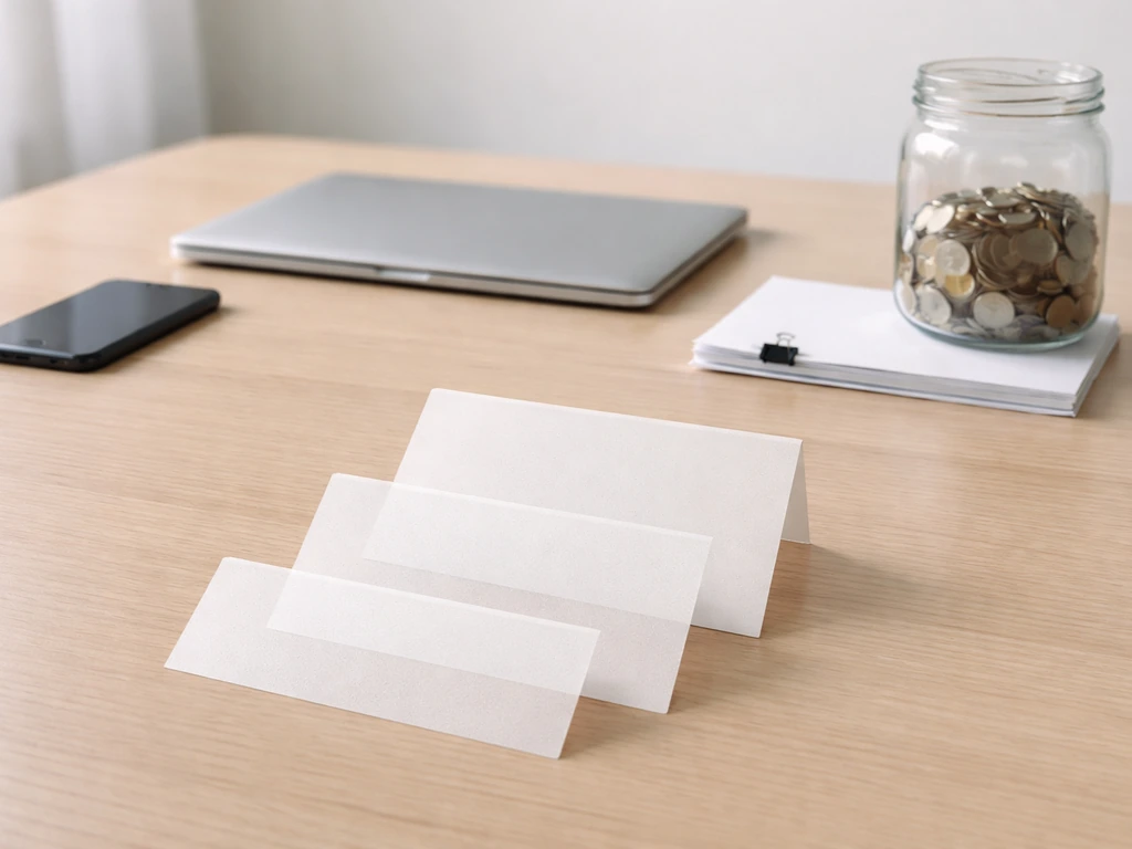 Minimal office desk with coins and unmarked translucent range cards implying a net-worth range.