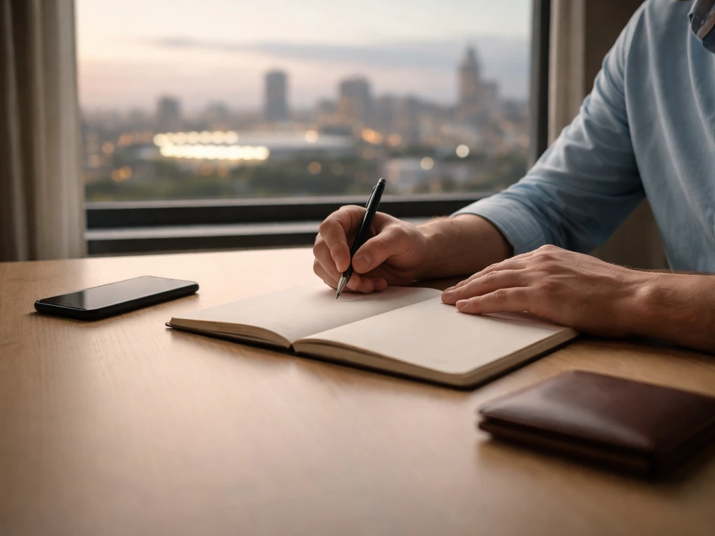 Minimal finance-themed desk scene with a notebook and phone beside a blurred city view, suggesting peer net-worth compar