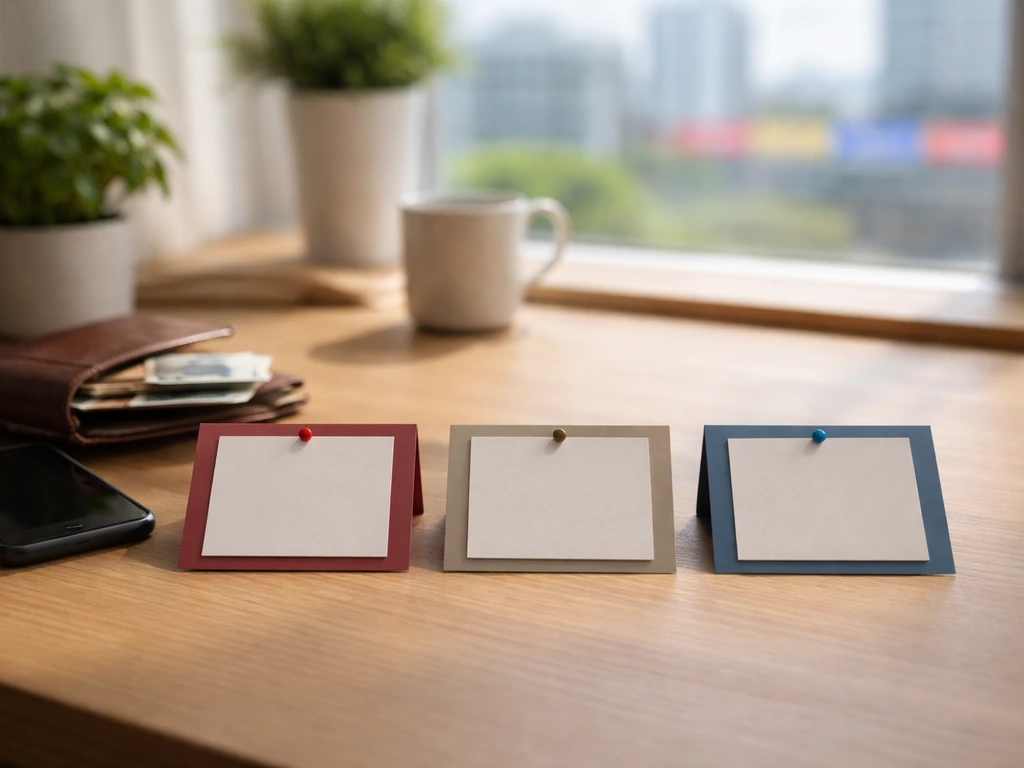 Minimal desk scene with three blank cards in a left-to-right progression and euro cash for a money timeline.