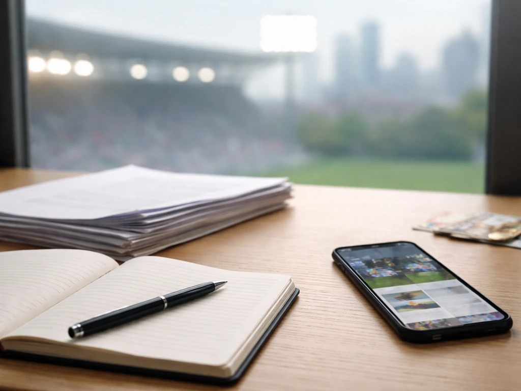 Unlabeled contract papers and coins on a desk beside a phone with blurred sports news.