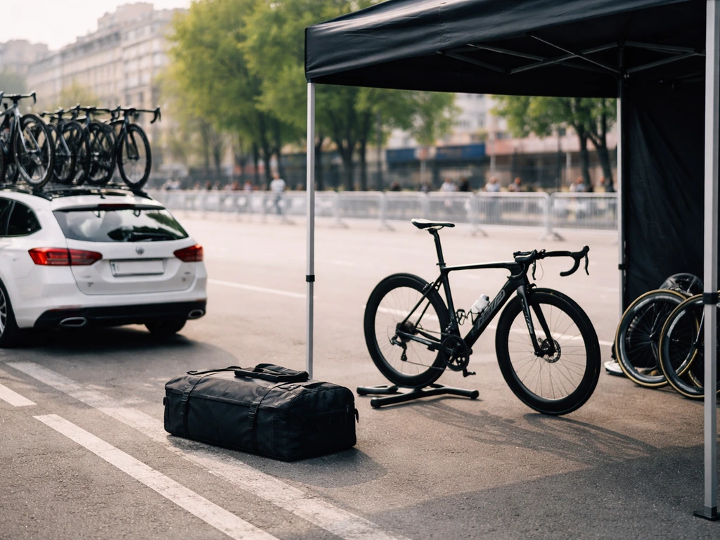 Unoccupied cycling team service area with team car and bike gear, symbolizing a team contract as main income source.