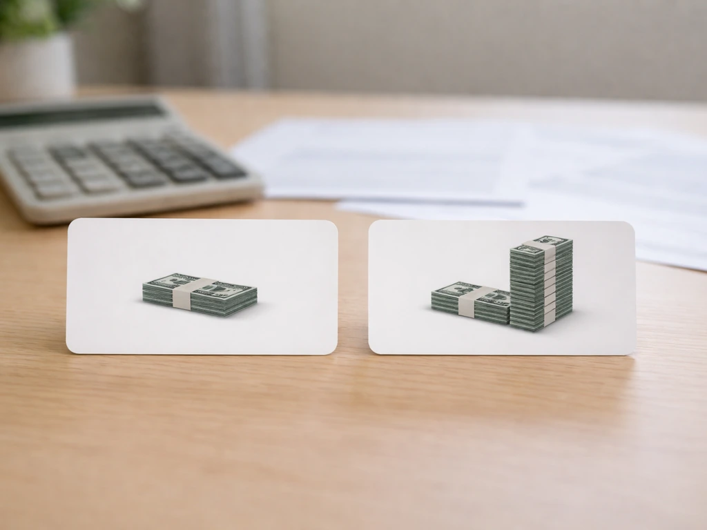 Two blurred business documents on a desk with different stacks of cash and a calculator