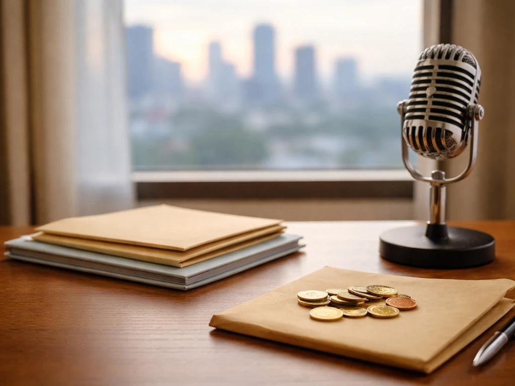 Minimal photo of a manila envelope and coins on a desk near a microphone, suggesting growing earnings