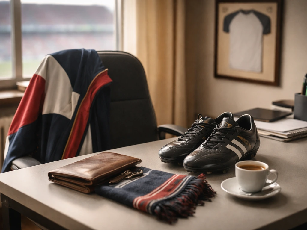 Anonymous football lifestyle desk setup with cleats, training gear, and blurred sports office background.