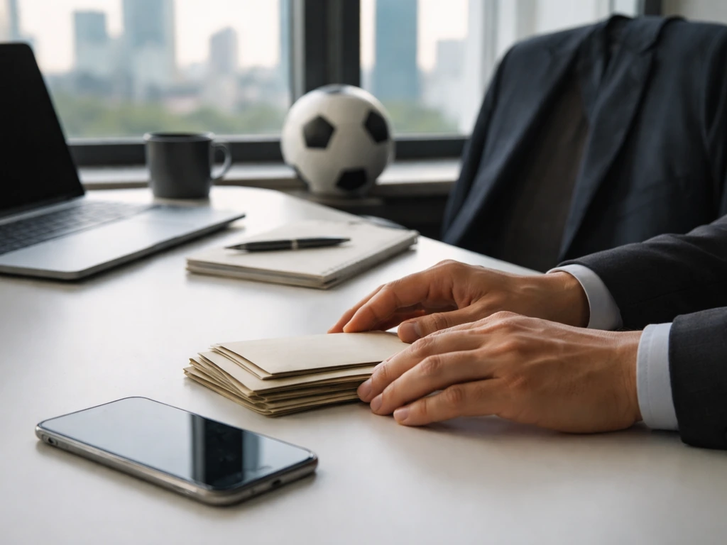 Anonymous desk with currency envelopes and a phone, with a blurred city view and a soccer ball nearby.