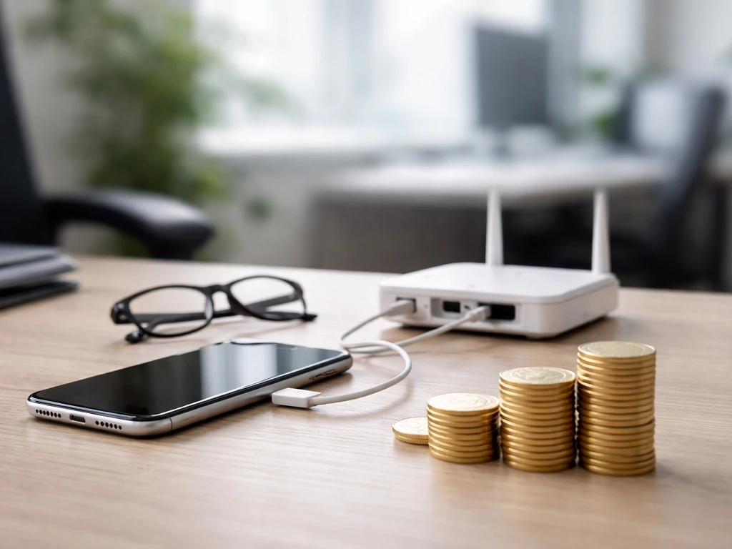 Minimal office scene with a telecom device and scattered coins symbolizing wealth and business in Canada