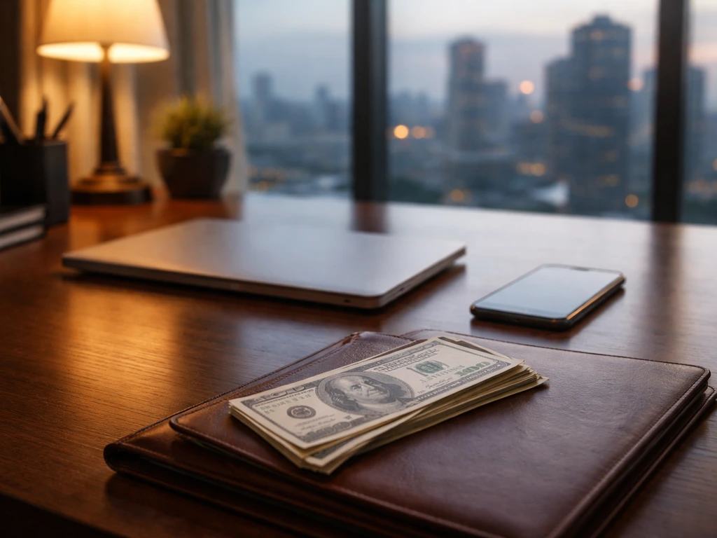 Minimal desk scene with laptop and neatly stacked bills, symbolizing wealth analysis without showing any person.