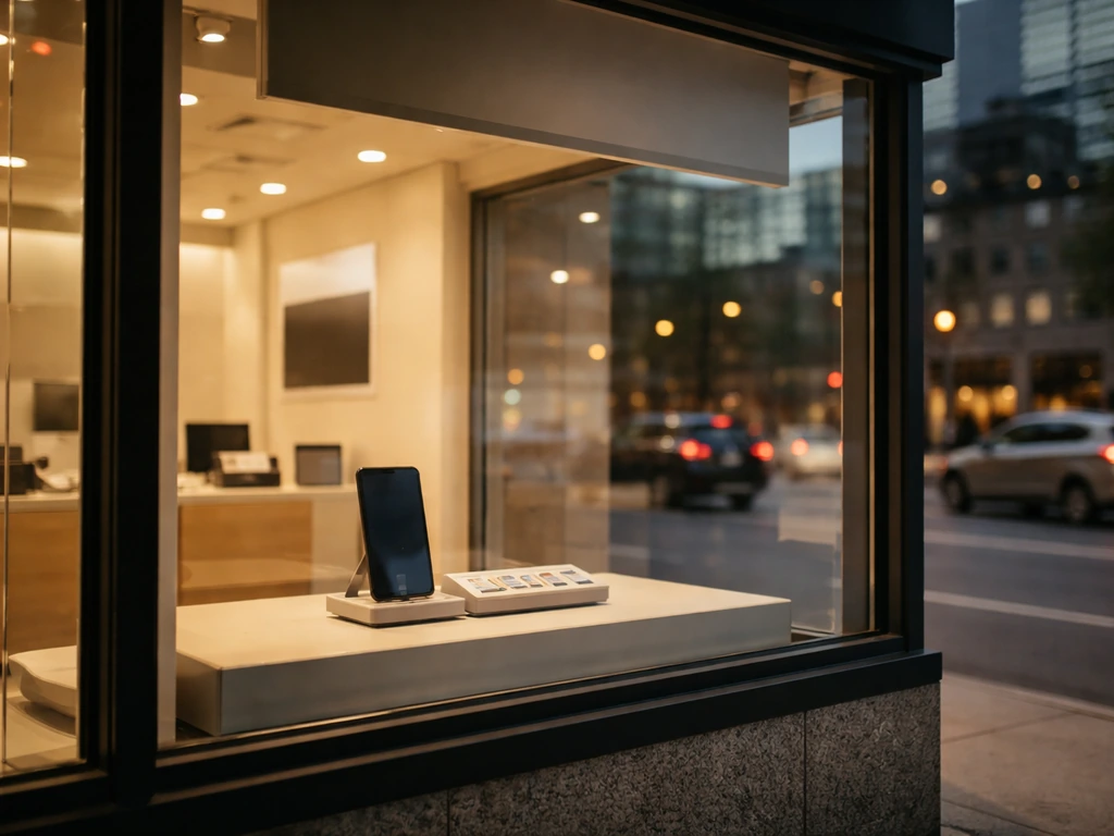 Quiet Canadian wireless store window reflecting ownership and telecom acquisition-era business context