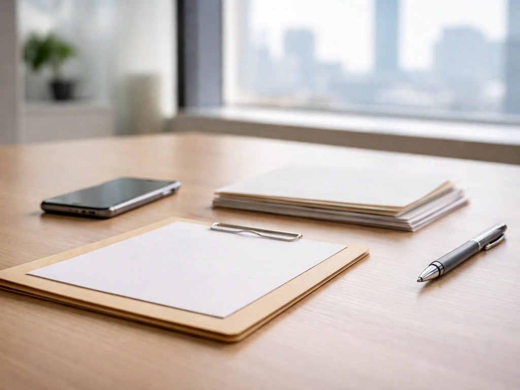 Minimal desk scene with a smartphone and folder suggesting checking public records vs speculation