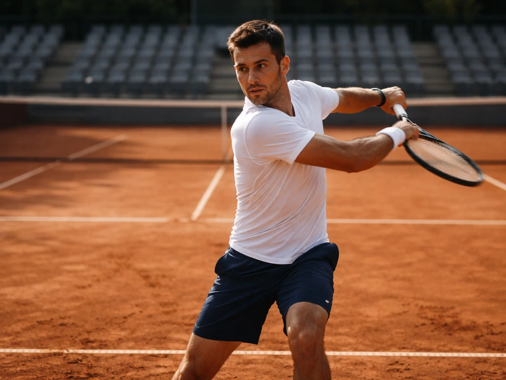 Tennis player in action on an outdoor clay court, focused rally moment.