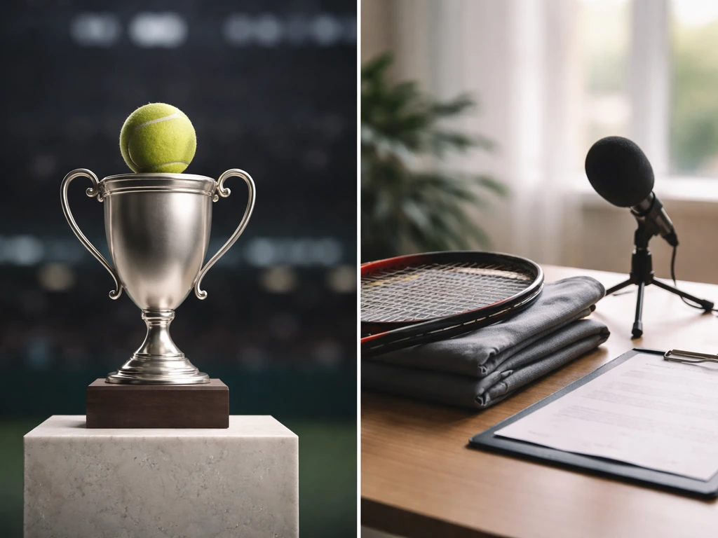 Minimal split image: tennis trophy side vs racket-and-microphone media setup side, no text or logos.