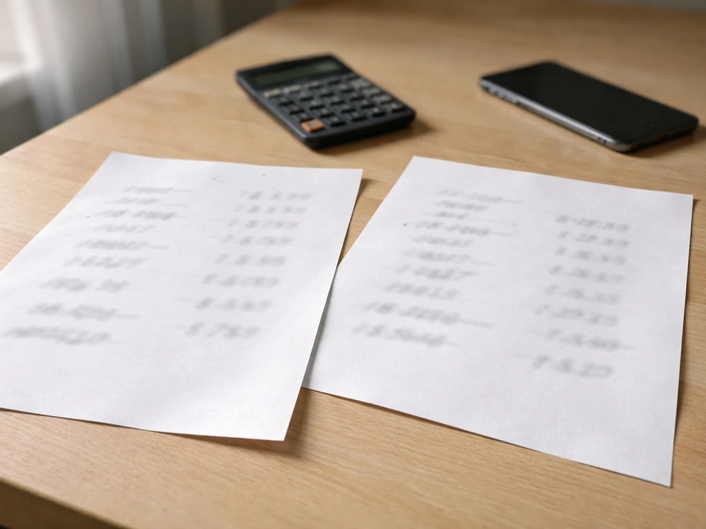 Two conflicting money estimate sheets on a desk with calculator, symbolizing differing net worth figures.