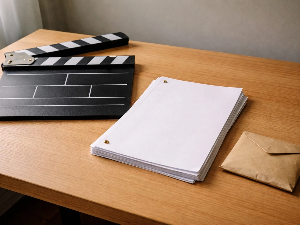 Minimal photo showing a filmmaker’s desk with a cinema clapperboard, script pages, and a small cash envelope
