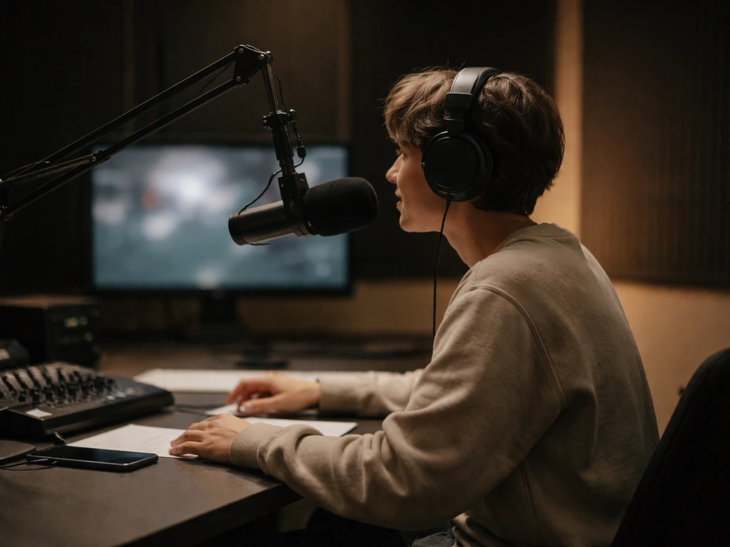 Anonymous TV production producer in a minimalist studio with a microphone and monitor glow