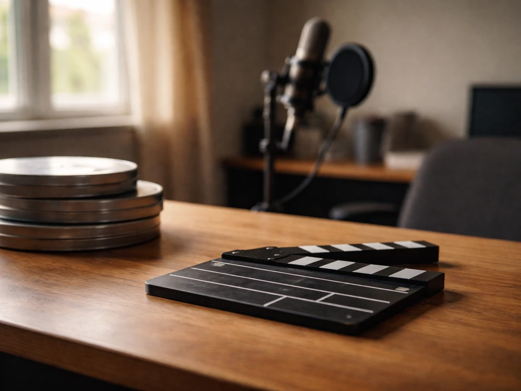 Minimal film production desk scene with clapperboard, film reels, and microphone in natural light.