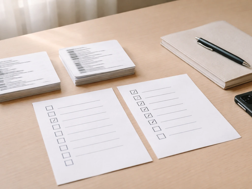 Desk scene with blank checklists and printed credits papers, symbolizing source verification vs no luxury indicators.