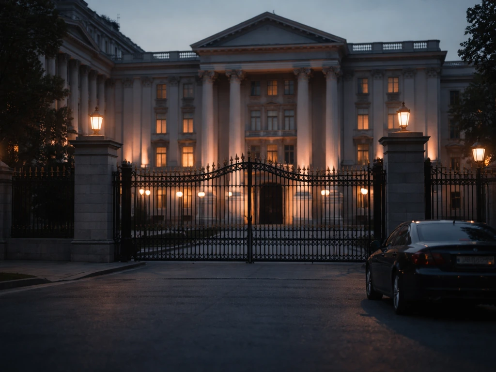 Empty government-style building facade at dusk with streetlights, symbolizing political power and public-interest scruti
