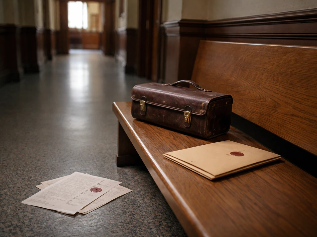 Empty courthouse corridor with a briefcase and sealed documents suggesting seized financial case papers.