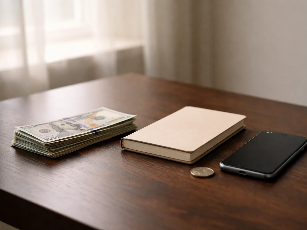 Minimal photo of a desk with a closed notebook, cash, and a smartphone beside a window—symbolizing wealth estimates.