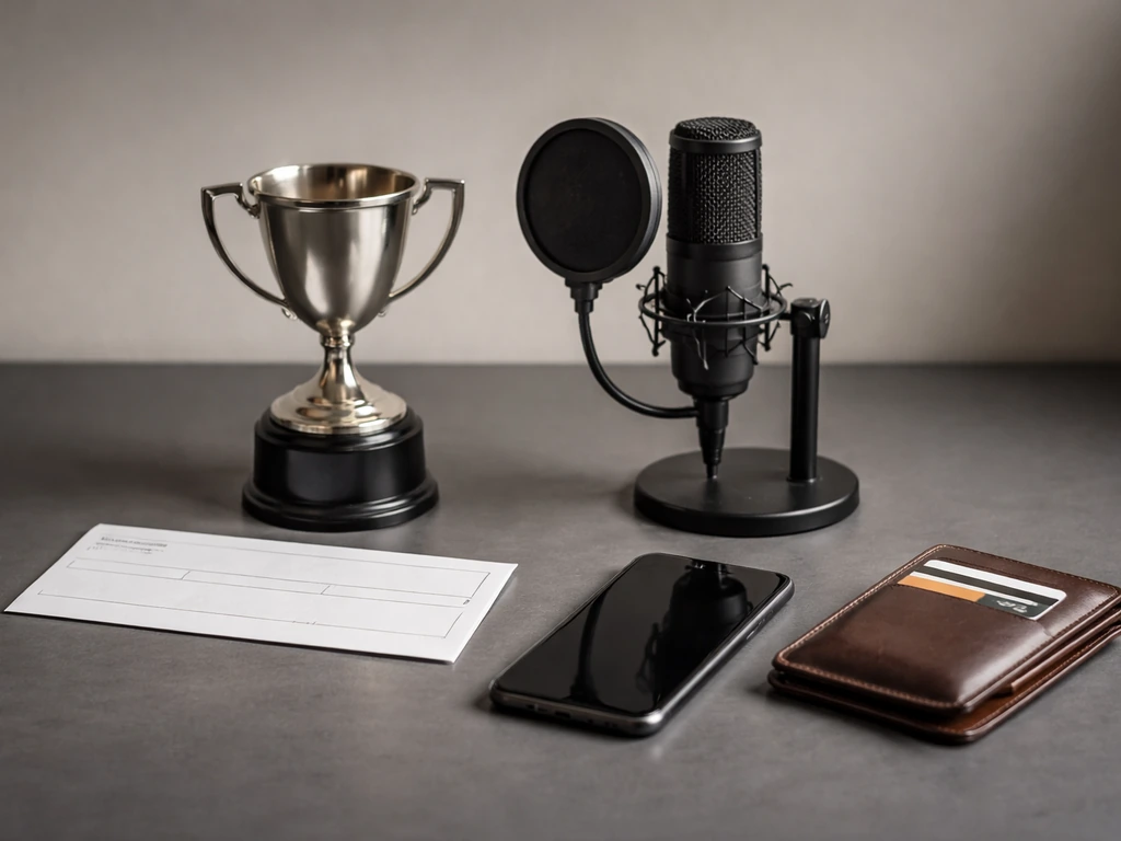 Minimal desk scene with a trophy, studio microphone, and smartphone/wallet symbolizing sports prize, endorsements, busin