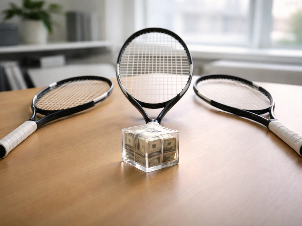 Minimal desk scene with three tennis rackets and a highlighted glass money cube symbolizing a key factor.