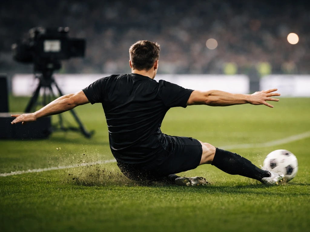 Unkenntlicher Fußballspieler im Zweikampf in einem Stadion, verknüpft mit einem ruhigen Symbol für Reichtum.
