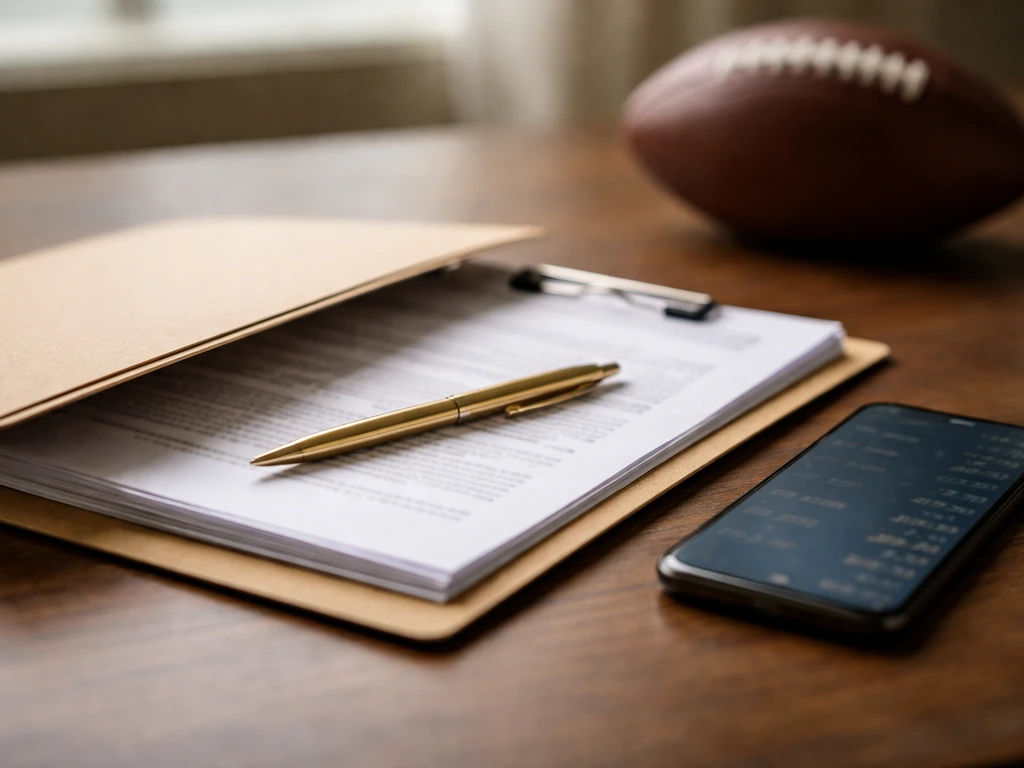 Close-up of a generic contract folder and pen on a desk with a blurred finance phone and a football.