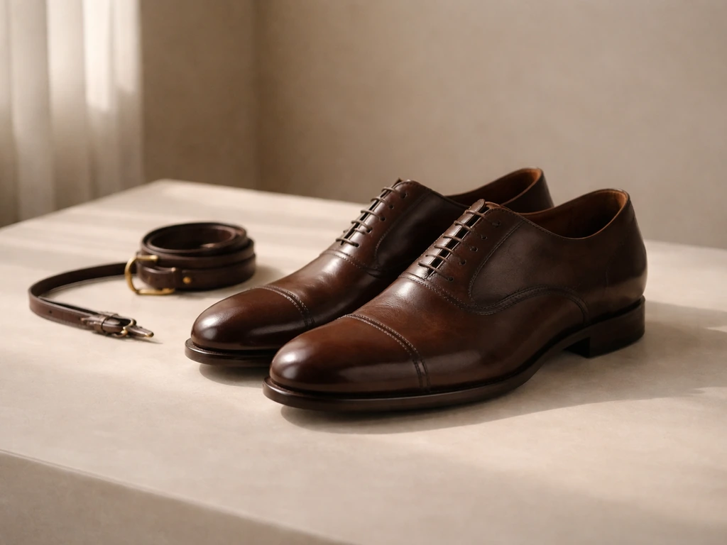 Luxury shoe campaign vibe: Cesare Paciotti–style leather footwear on a minimalist studio set with soft light.