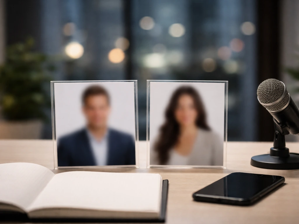 Two blurred photo cards side-by-side on a desk near a microphone, suggesting name disambiguation without any text.