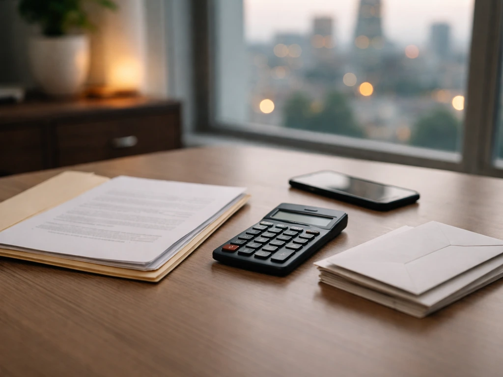 Minimal photo of a desk with documents and a calculator beside a muted city skyline, suggesting net worth estimation.