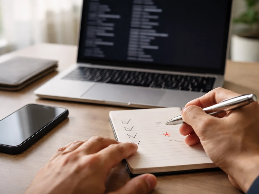 Close-up of a laptop and notepad beside a smartphone, suggesting verifying an entertainment estimate workflow.