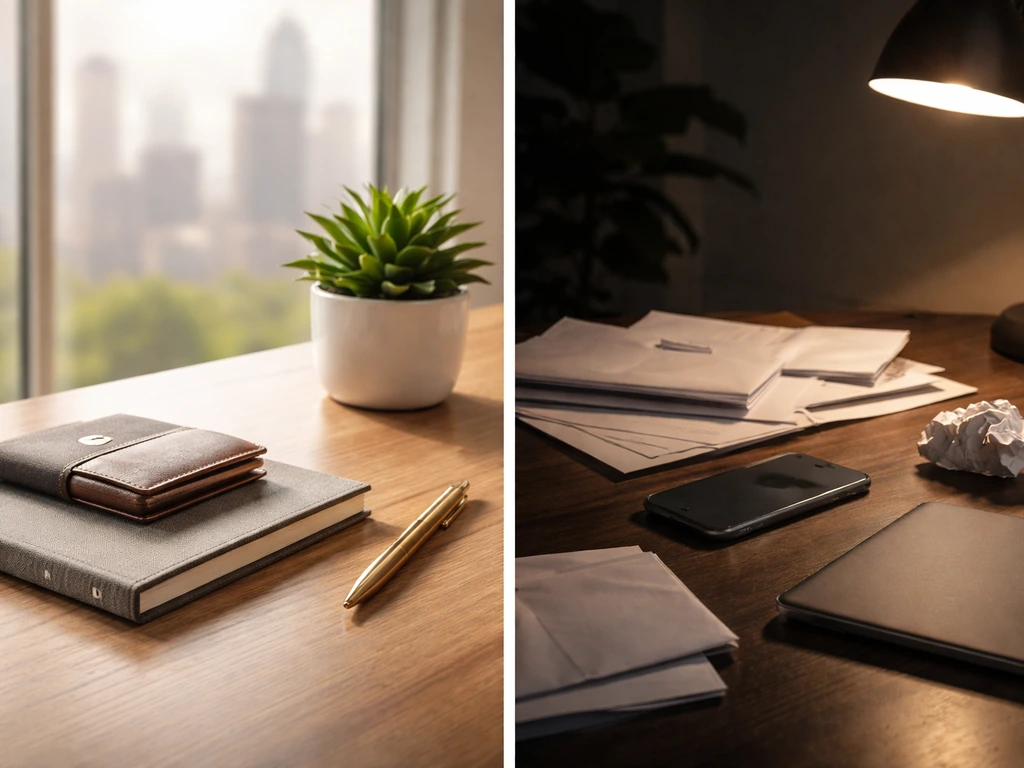 Split-scene: calm luxury office symbolizing growth vs. cluttered media desk symbolizing complications.