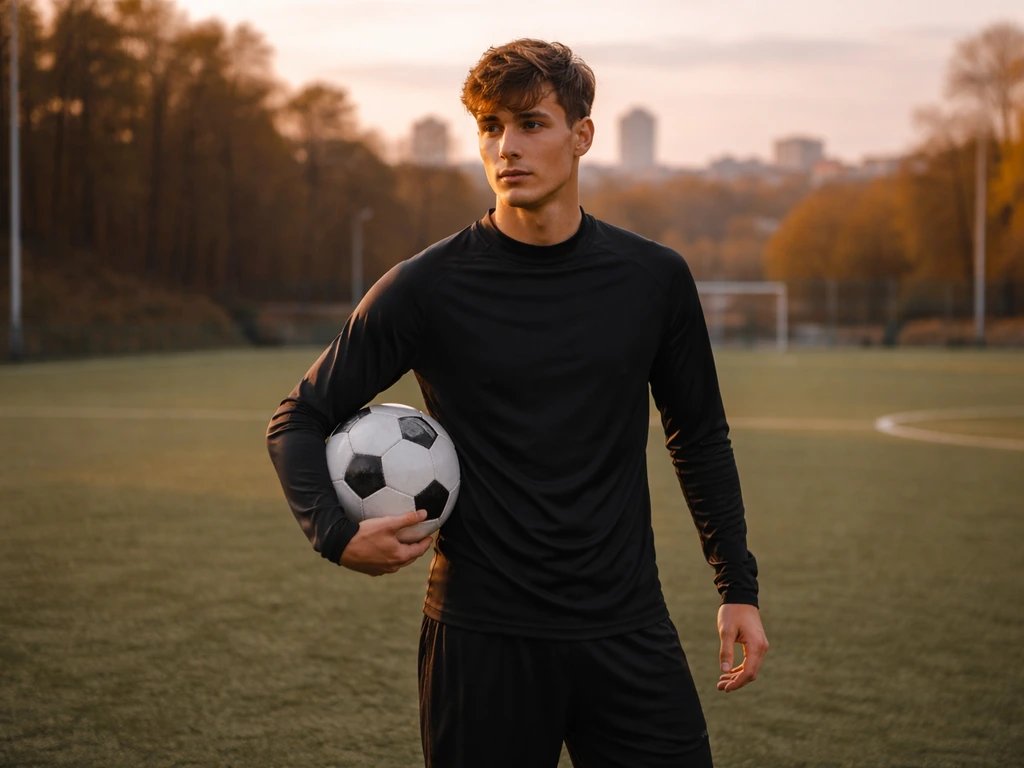 Anonymous footballer in a training kit on a quiet pitch holding a ball in golden-hour light.