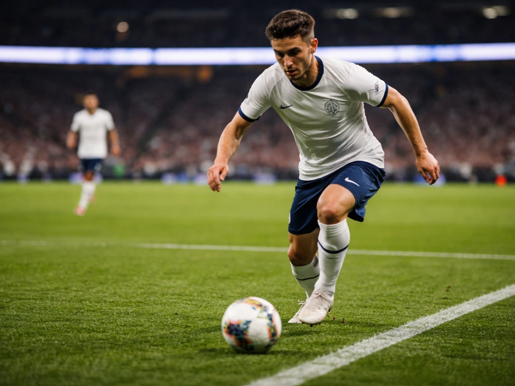 On-field football action: an attacking player in Tottenham colors dribbles near the penalty area, stadium blurred behind