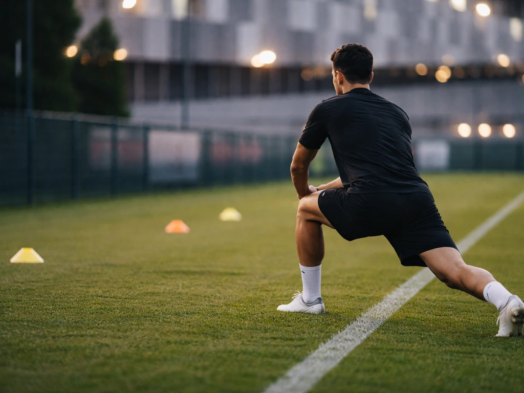 Anonymous athlete stretching at a football training ground near Tottenham facilities with blurred sponsor signage