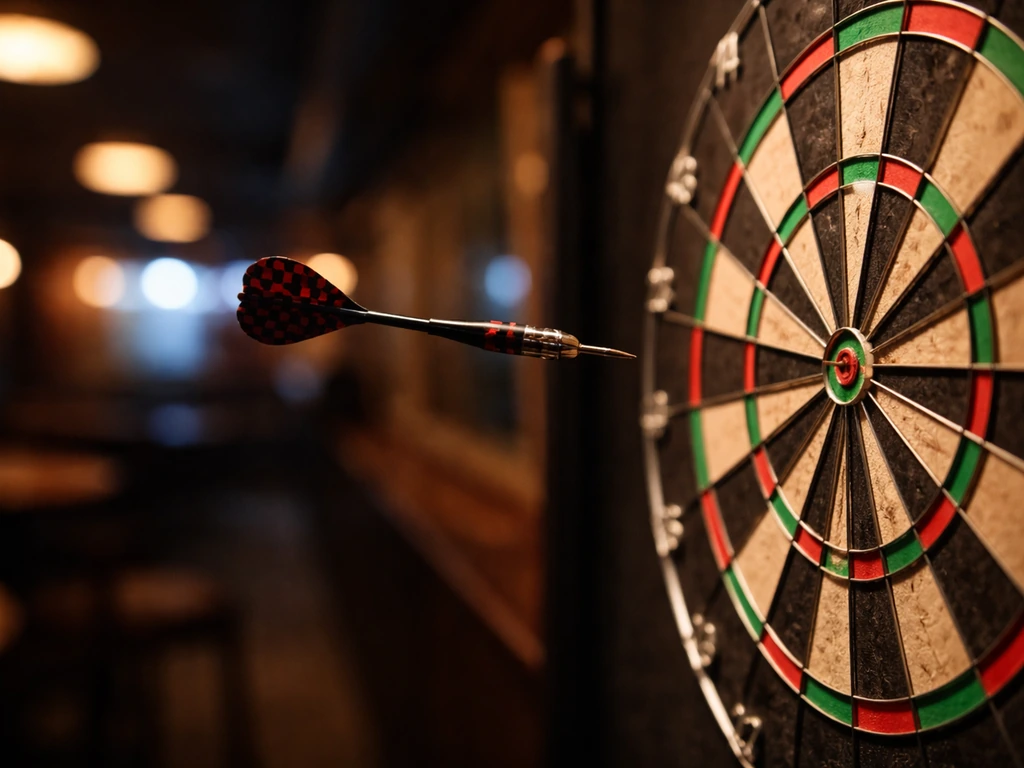 A dartboard with a dart about to hit, shot in a quiet sports lounge with soft background blur.