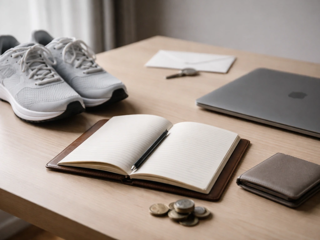 Minimal desk scene with running shoes, coins, wallet, and notebook suggesting assets minus liabilities.