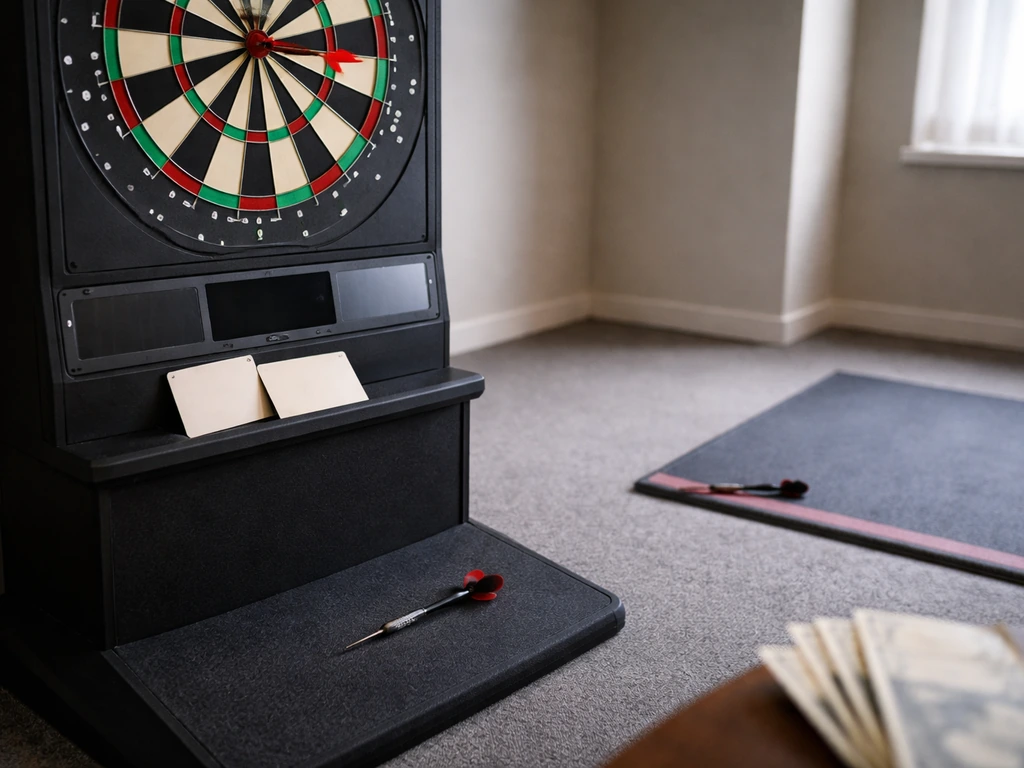 Close-up of a darts setup with blurred throw line and cue cards suggesting PDC prize money