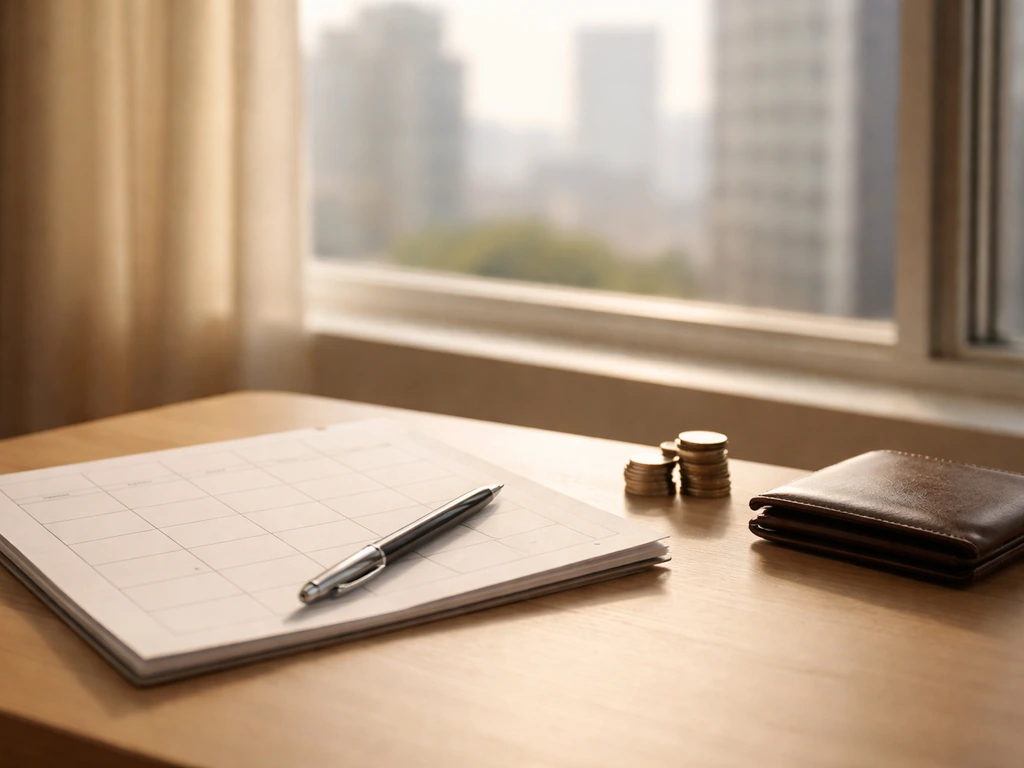 Minimal photo of a work desk with a calendar page, pen, and coin near a blurred city window