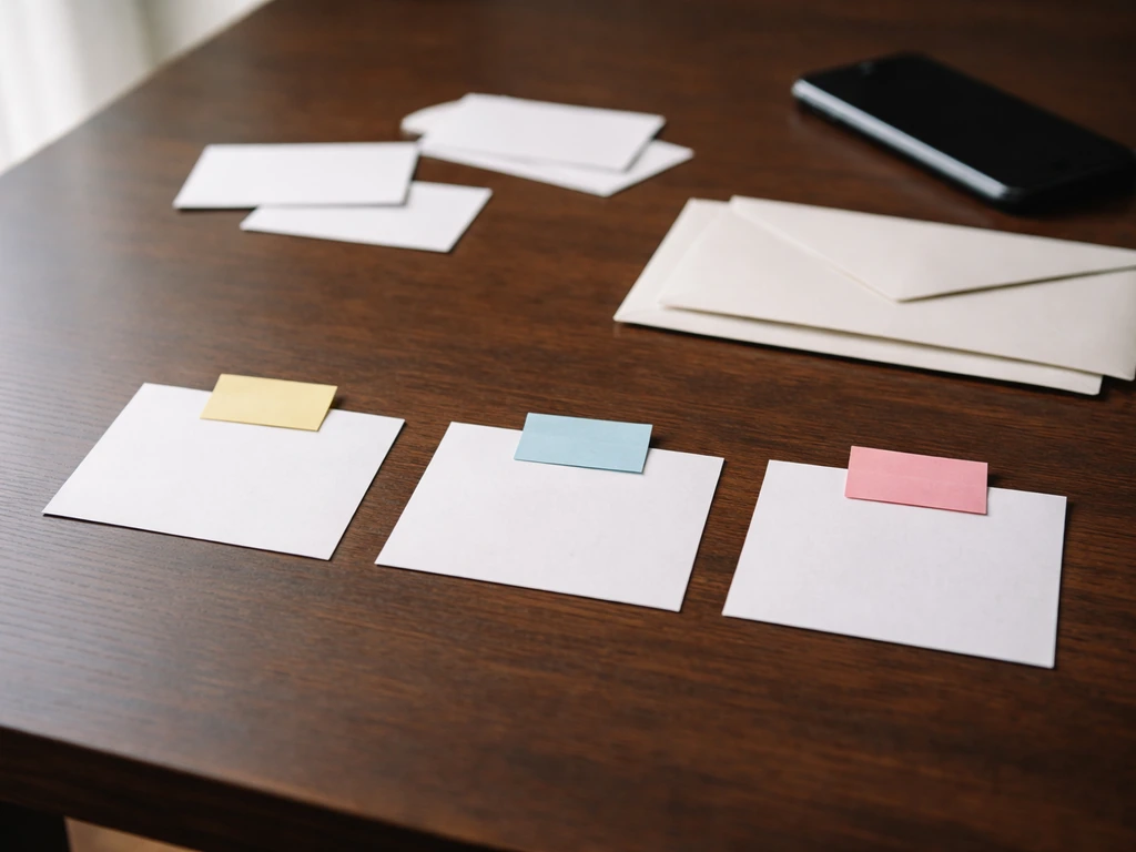 Close-up of messy desktop with scattered business cards and envelopes, symbolizing conflicting financial estimates.