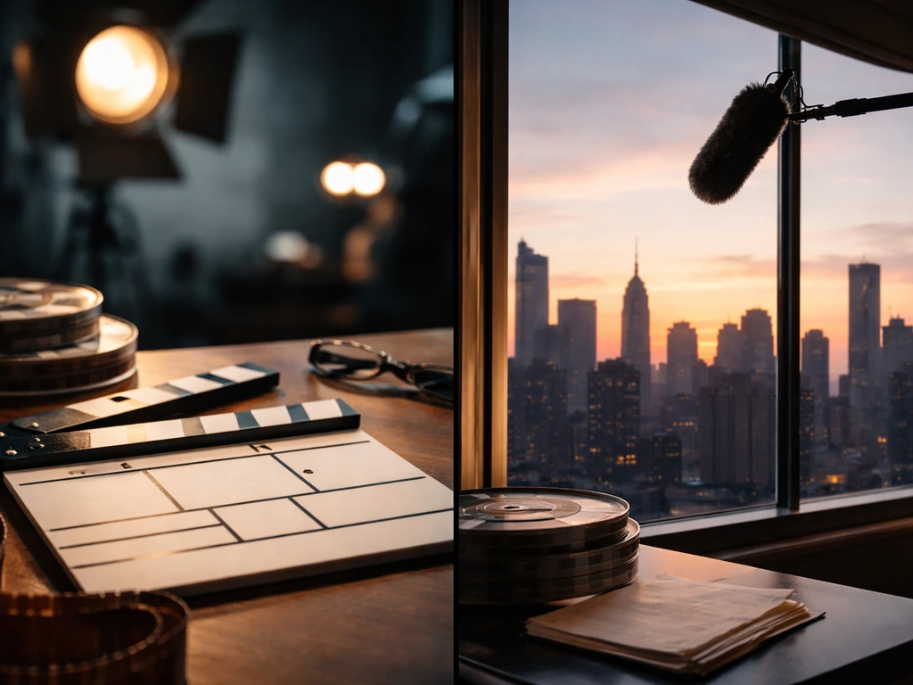 Clapperboard on a studio desk paired with a dusk city skyline, symbolizing film work across markets.
