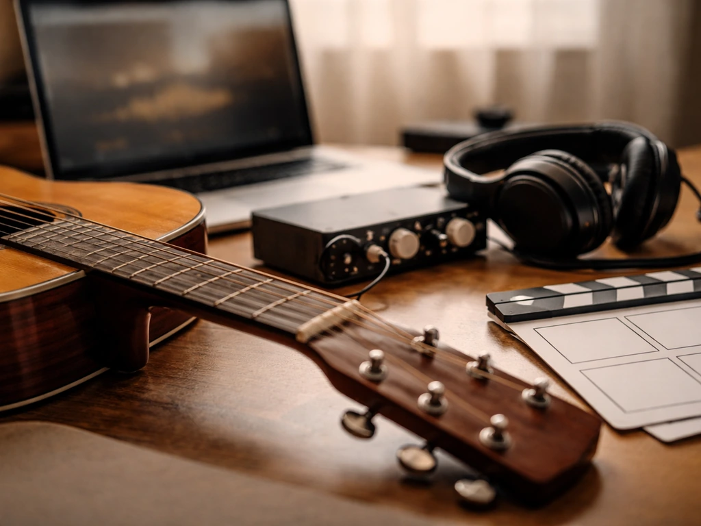 Close-up of a guitar and a laptop in a quiet recording studio with film directing tools nearby