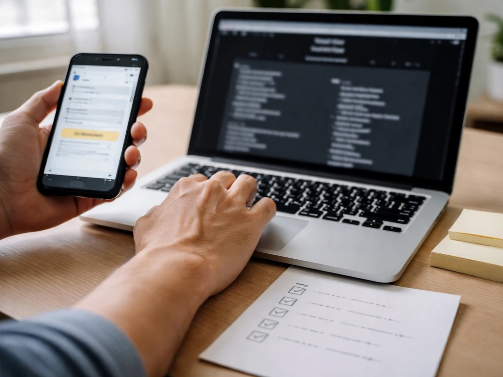 Person cross-checking an entertainment credit source and finance notes on a desk with laptop and phone